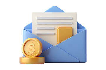 3D Money Payment Invoice Email Icon Render on Transparent Background PNG 