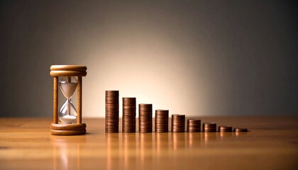 Hourglass and ascending coin stacks on wood surface with warm gradient background symbolizing time and financial growth.