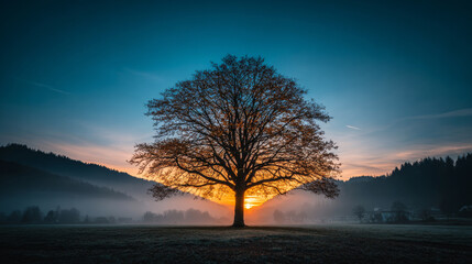 Lone tree with bare branches silhouetted against a vibrant sunrise in a misty, frosty meadow with hills