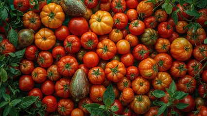 A variety of tomatoes in different shapes and colors, surrounded by green leaves.