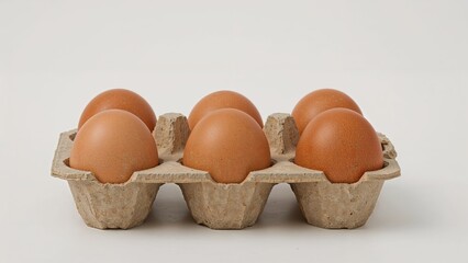 Six brown eggs in a cardboard egg carton on a plain background.