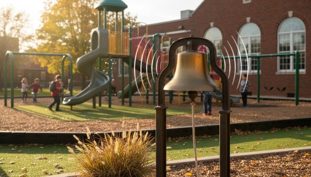 A playground scene featuring a bell in the foreground, with children playing on slides and swings, surrounded by colorful equipment and autumn foliage.