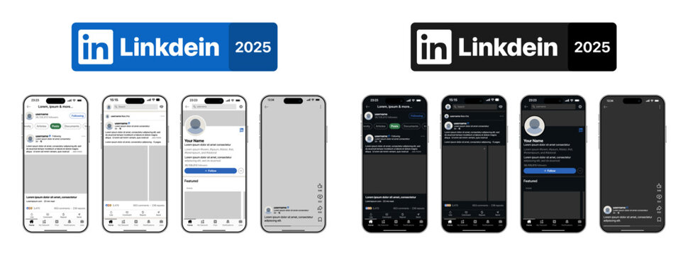 Linkedin dual mode layout showing home feed posts profile messages notifications jobs video tools in updated dark and light interface vector illustration