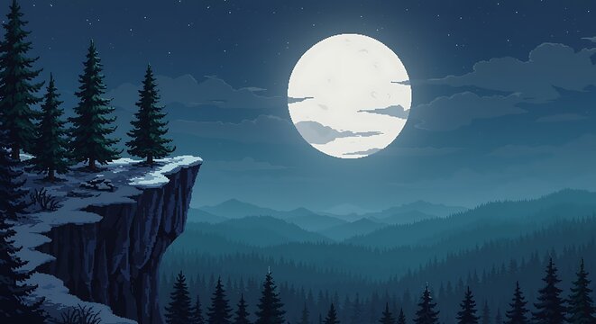 Mystical Full Moon Over Forest Pixel Art Landscape at Night - Powered by Adobe