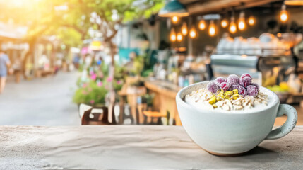 Fototapeta premium Healthy oatmeal bowl with cranberries and pistachios on concrete counter, starting a refreshing morning at cafe