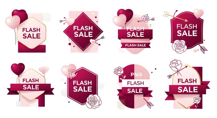 Modern flash sale tags with hearts and roses isolated on transparent background