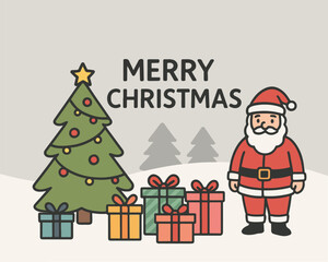 Santa Claus with gifts and Christmas tree, a happy cartoon illustration for the holiday celebration