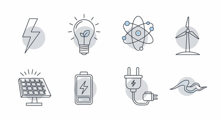Collection of energy icons representing renewable and traditional power sources.