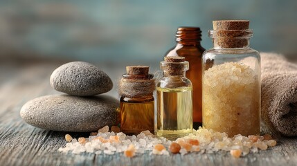Spa essentials arranged on white wooden table include massage stones on stacked towels, small flowers, three aromatherapy bottles with essential oils, and scattered bath salts