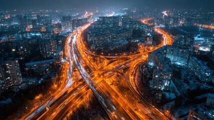 Aerial view of complex city highway interchange illuminated at night with light trails, showcasing urban transportation and modern infrastructure