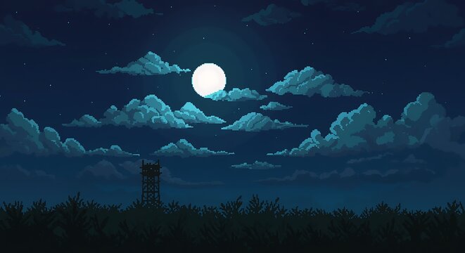 Pixel Art Night Sky with Moon and Clouds Landscape Illustration