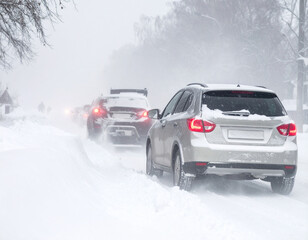 A car rear-ends another vehicle in a blizzard, with snow swirling and visibility reduced to near zero.