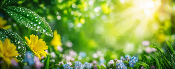 Lush spring meadow showing green leaves with glistening dew drops and vibrant wildflowers under morning sunlight