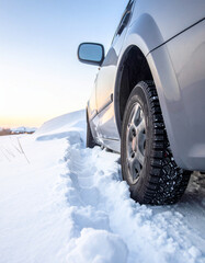 A car with a bent axle sits in a snowdrift after losing control on an icy curve.