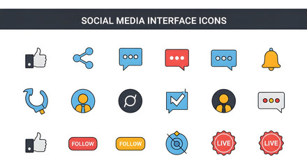 Social media interface icon collection design isolated on transparent background