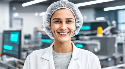 Woman scientist or technician working in a modern industrial cleanroom, ensuring quality control and efficient production processes