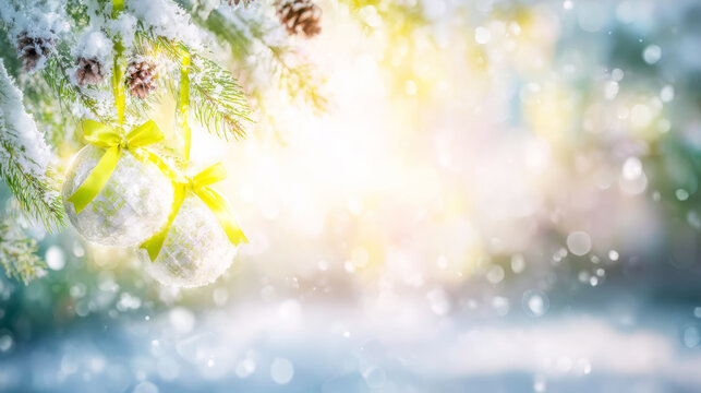 Christmas baubles hanging on snowy pine branch during festive winter season, bright bokeh background - Powered by Adobe