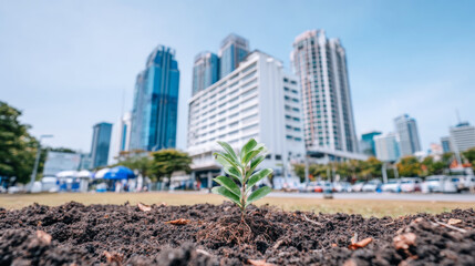 Fototapeta premium Small sapling planting in fresh soil with a blurry modern city skyline background, symbolizing ecology and a greener future