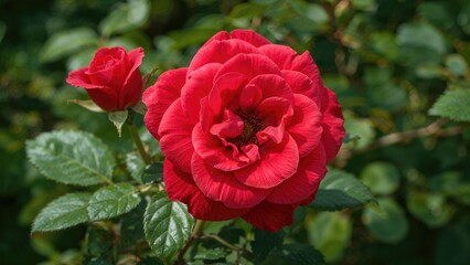 Red rose flower in garden with green leaves.