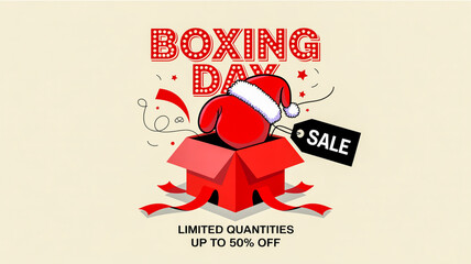 Boxing day sale promotion featuring gift box, santa hat, tag