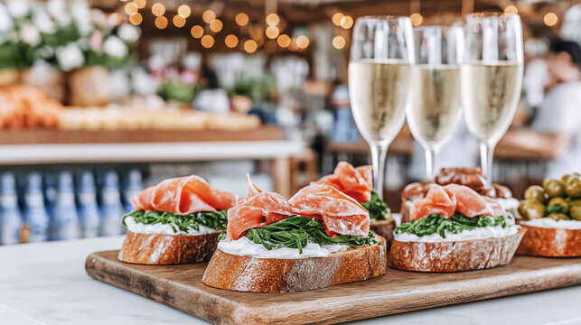 Gourmet pintxos with prosciutto, arugula, and cheese on a rustic wooden board, pairing appetizers with sparkling cava