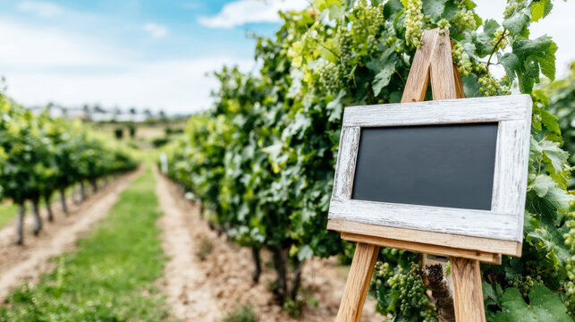 Blank chalkboard sign on a wooden easel positioned in a sunny vineyard, providing copy space for text or menu