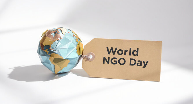 Celebrate World NGO Day with a symbolic earth globe and tag, perfect for promoting your non-profit or raising awareness for social causes, a powerful message of global impact