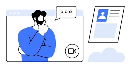 Virtual communication. Virtual interaction in video calls highlights secure communication and online profile verification. Virtual settings improve connectivity and user identity checks. Ideal