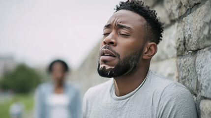 Fototapeta premium African American man struggling with breathing difficulty, suffering from asthma attack episode outdoors