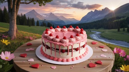 Romantic Pink Drip Cake in Dreamy Sunset Mountain Landscape