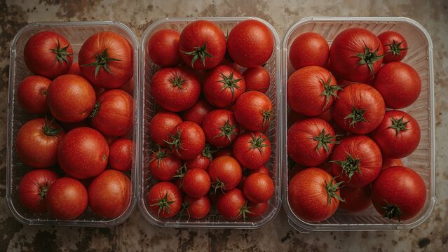 Fresh tomatoes in containers on a surface.