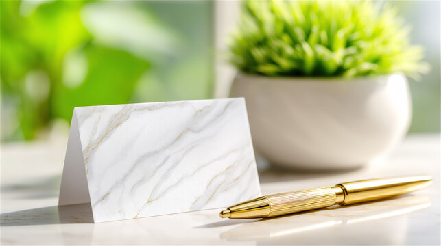 Marble card mockup with elegant golden pen and small green plant on bright desk surface, conveying clean branding, minimal style and modern professional identity suitable for business presentations.