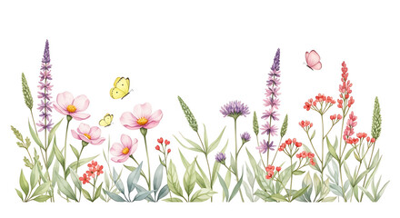 Beautiful watercolor illustration of a wildflower meadow with butterflies in bloom during springtime
