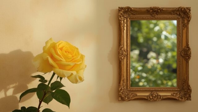 Single yellow rose next to an ornate gold-framed mirror on a beige wall.