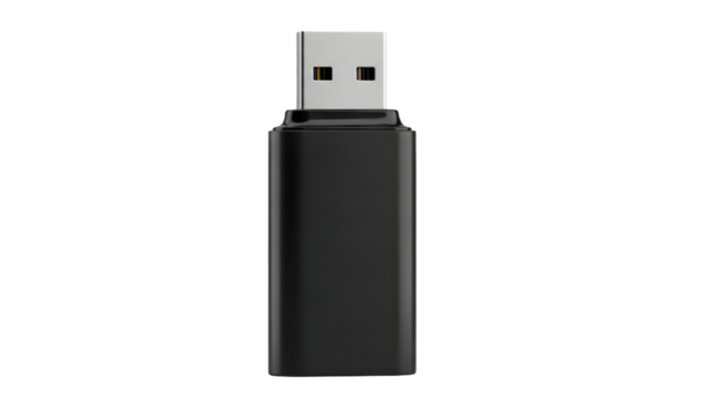 Sleek black USB drive for data storage and file transfer on a black background