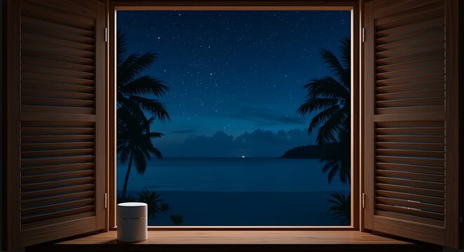 Fototapeta Tropical night seen through window with open shutters and ocean view