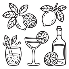 Lemon Fruit with Wine Bottle and Cocktail Drink — Minimal Black Line Vector