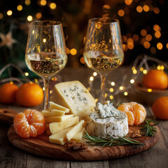 On a wooden plate there is cheese, tangerines, two glasses of wine next to it. In the background there is a garland and a Christmas tree branch