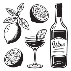 Black Vector Citrus Set with Lemon Tree Branch, Slices, Drink Glass and Bottle