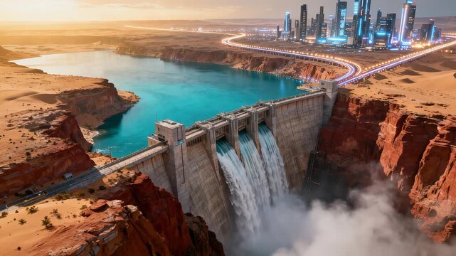 Monumental hydroelectric dam with futuristic city skyline at dusk