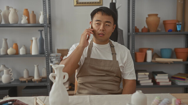 Man in apron holds smartphone to ear while seated at artisan studio table, surrounded by pottery vessels; concentration.