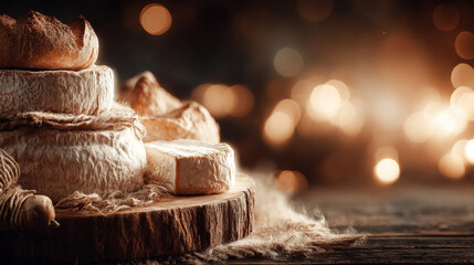 Artisanal cheese selection with fresh bread on rustic wooden board, gourmet dairy products with cozy bokeh background