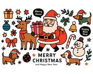 Fototapeta premium A set of funny cartoon Christmas animal icons featuring a Santa dog, cat, bear, and reindeer vector illustration