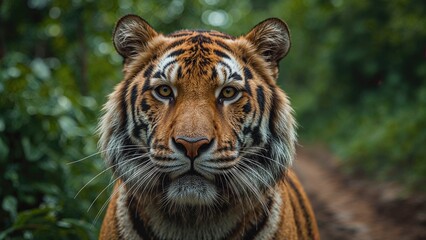 Obraz premium A close-up of a tiger's face amidst dense green foliage in its natural habitat.
