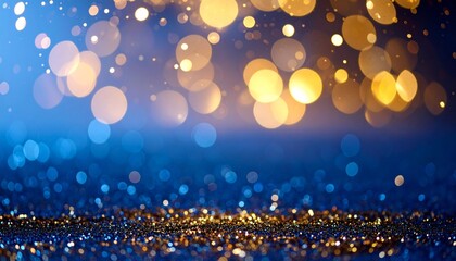 Blue and gold glitter surface with festive bokeh lights on gradient blue background.