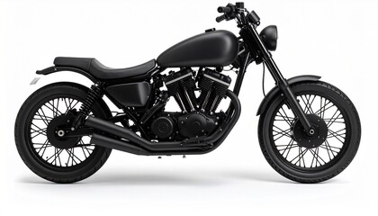 Obraz premium Matte black motorcycle with solo seat and teardrop tank in custom cruiser style on neutral background.