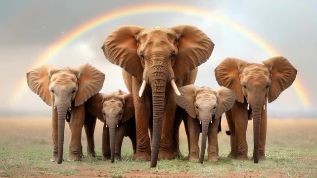 A group of elephants gathers in unity as a stunning rainbow arcs overhead, creating a peaceful and enchanting atmosphere - Powered by Adobe