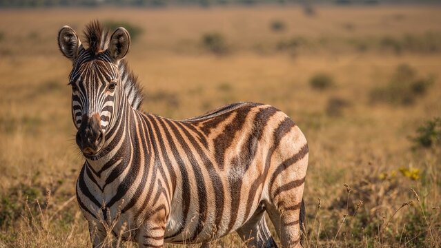 Zebra in the wild with distinctive black and white stripes. Savannah landscape, natural habitat. Wildlife and nature. The concept of conservation and animal diversity. - Powered by Adobe