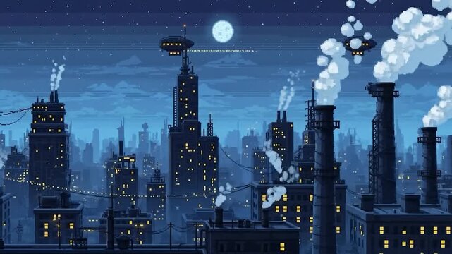 Pixelated night cityscape with glowing windows, dirigibles, smoke, and a large moon