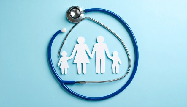 Blue stethoscope encircling paper family cutouts on light blue background symbolizing family healthcare. - Powered by Adobe